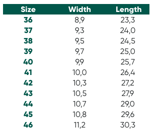 Size Chart for Belenka Shoes